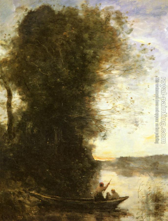 Jean-Baptiste-Camille Corot : Le Batelier Quittant La Rive Avec Une Femme Et Un Enfant Assis Dans Sa Barque, Soleil Couchant